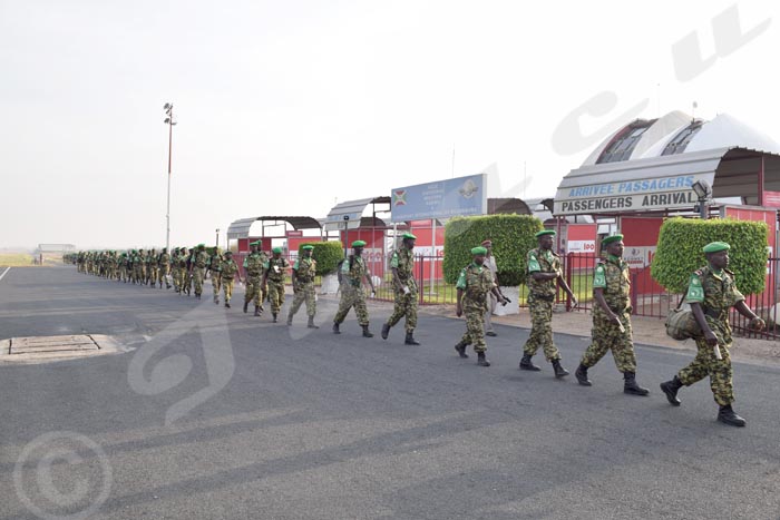 Soldiers of the 45th battalion at Bujumbura International Airport before flying to Somalia