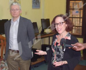 Anne Casper and Rafael Foley inside of the American Corner Gitega 