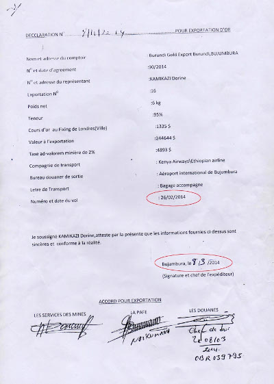 La date de signature sur cette déclaration d’exportation du comptoir BGE est postérieure à celle du vol ©Iwacu